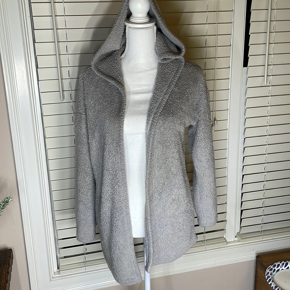 Soft gray open jacket with hood. Size Medium.
